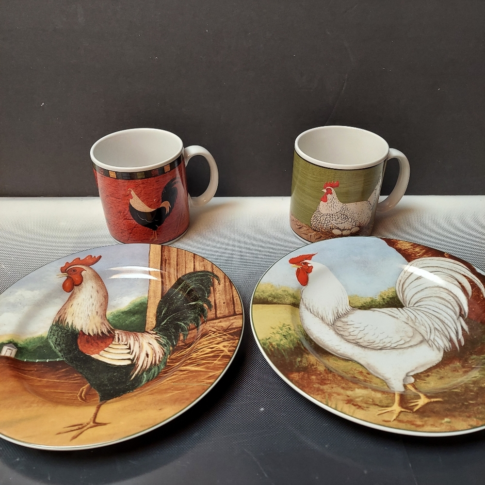 Hen rooster salad sandwich plates coffee mugs